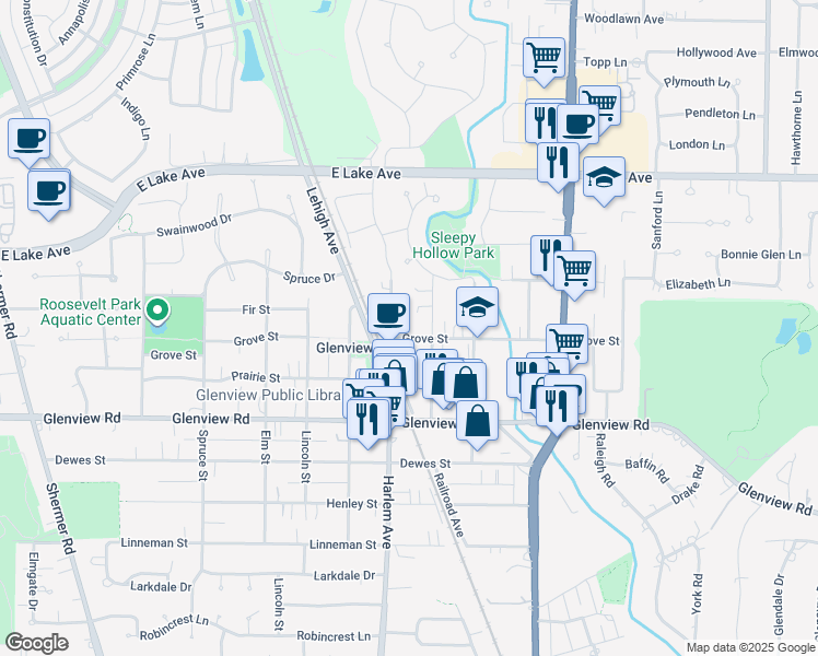 map of restaurants, bars, coffee shops, grocery stores, and more near 1868 Grove Street in Glenview