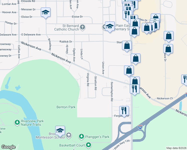 map of restaurants, bars, coffee shops, grocery stores, and more near 2347 Virginia Avenue in Benton Harbor