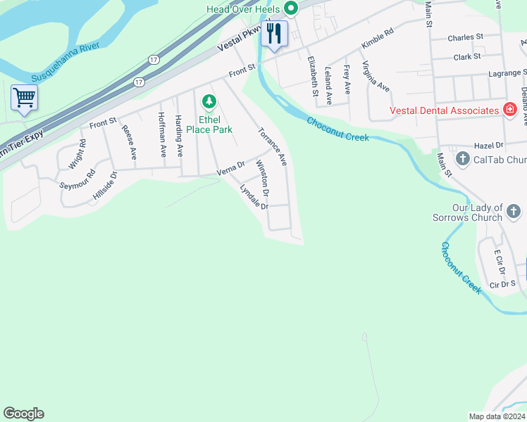 map of restaurants, bars, coffee shops, grocery stores, and more near 600 Winston Drive in Vestal