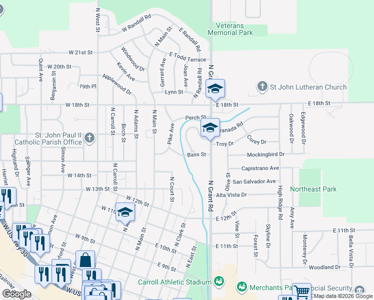 map of restaurants, bars, coffee shops, grocery stores, and more near 232 Bass Street in Carroll