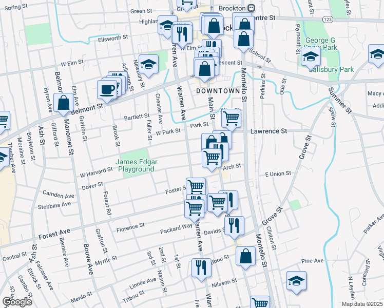 map of restaurants, bars, coffee shops, grocery stores, and more near 59 Dover Street in Brockton