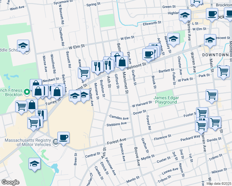 map of restaurants, bars, coffee shops, grocery stores, and more near 20 Winona Street in Brockton