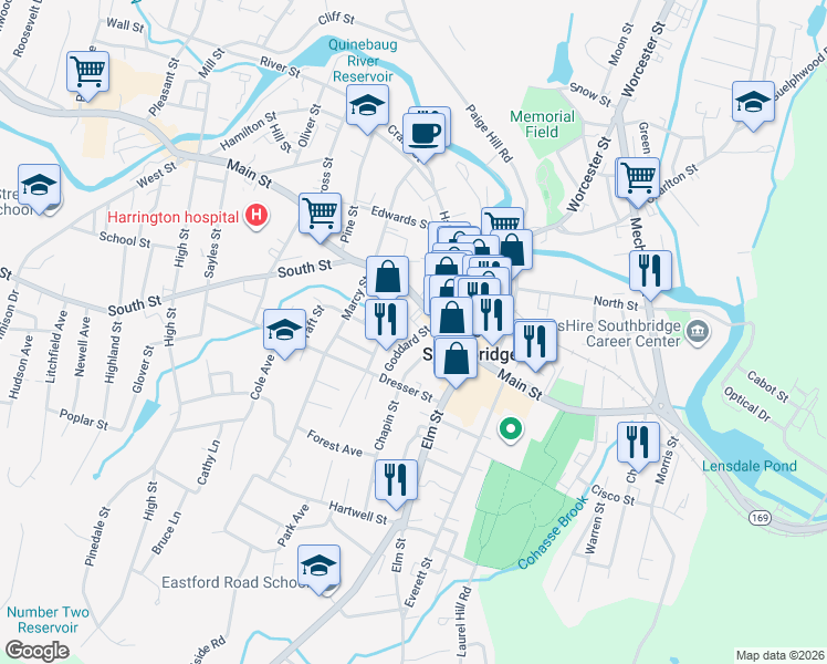 map of restaurants, bars, coffee shops, grocery stores, and more near 38 Chapin Street in Southbridge