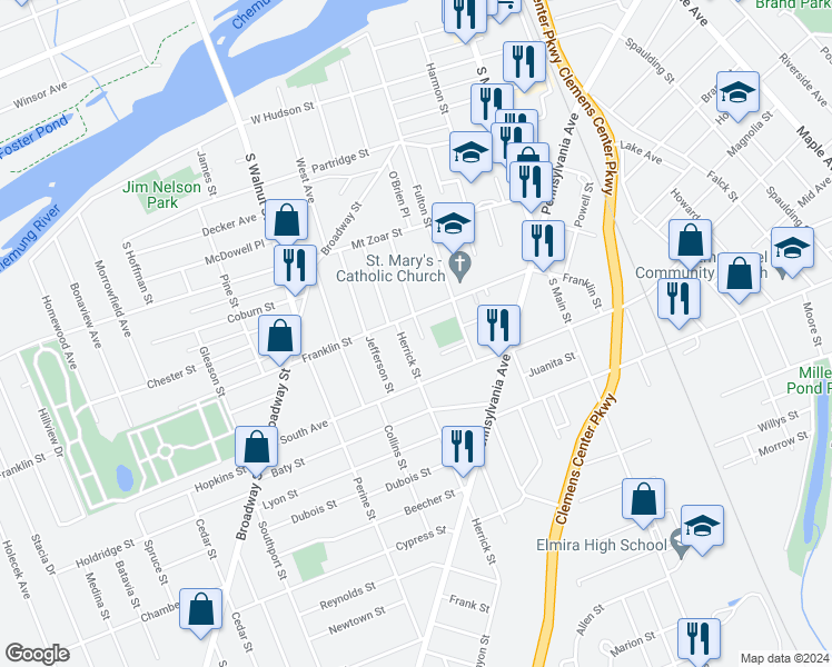 map of restaurants, bars, coffee shops, grocery stores, and more near 519 Herrick Street in Elmira
