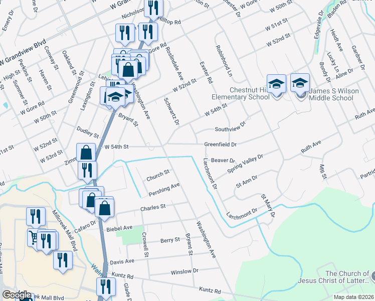 map of restaurants, bars, coffee shops, grocery stores, and more near 5536 Larchmont Dr in Erie
