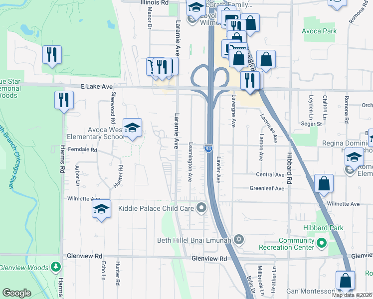 map of restaurants, bars, coffee shops, grocery stores, and more near 623 Leamington Avenue in Wilmette