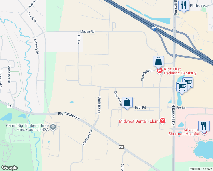 map of restaurants, bars, coffee shops, grocery stores, and more near 1595 Madeline Lane in Elgin