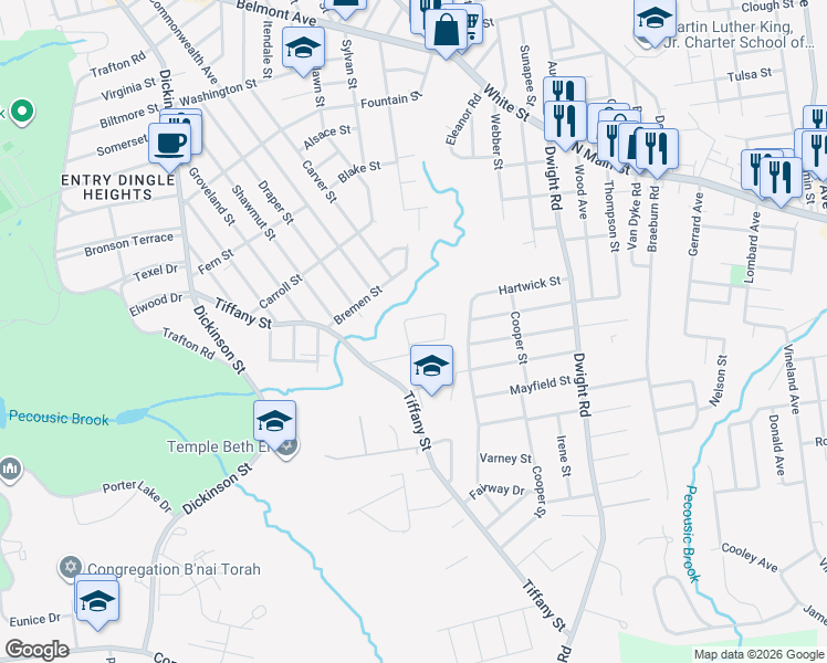 map of restaurants, bars, coffee shops, grocery stores, and more near 134 Entrybrook Drive in Springfield