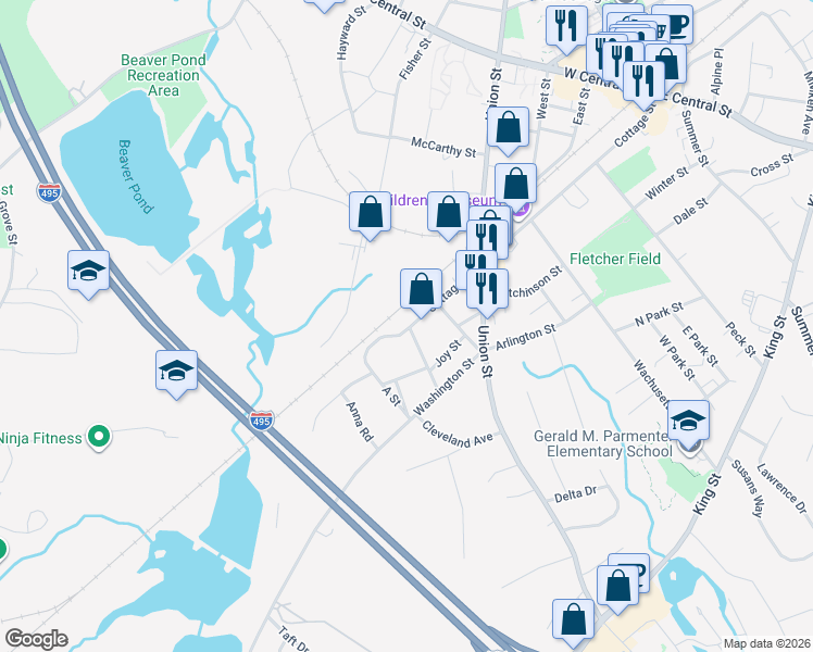 map of restaurants, bars, coffee shops, grocery stores, and more near 287 Cottage Street in Franklin