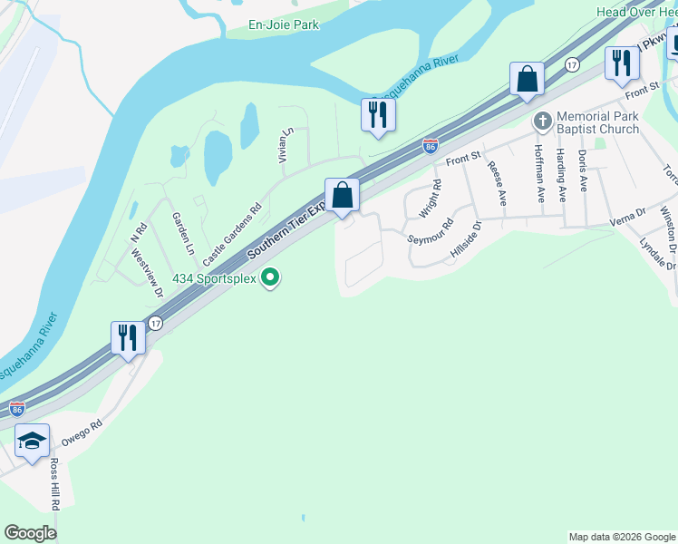 map of restaurants, bars, coffee shops, grocery stores, and more near 1621 Parkwood Rd in Vestal