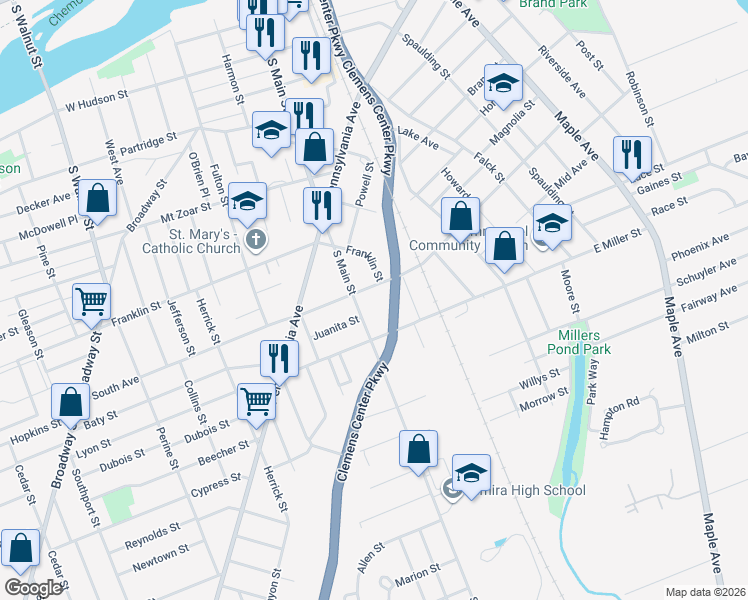 map of restaurants, bars, coffee shops, grocery stores, and more near 211 Juanita Street in Elmira
