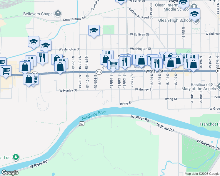 map of restaurants, bars, coffee shops, grocery stores, and more near 1501 West Henley Street in Olean
