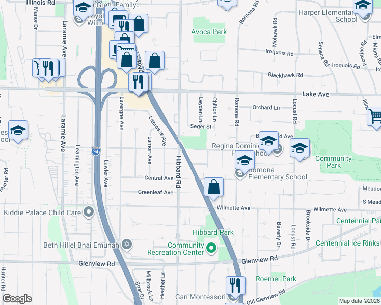 map of restaurants, bars, coffee shops, grocery stores, and more near 636 Hibbard Road in Wilmette