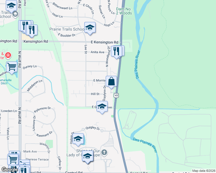 map of restaurants, bars, coffee shops, grocery stores, and more near 420 North River Road in Mount Prospect