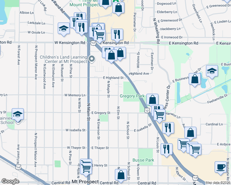 map of restaurants, bars, coffee shops, grocery stores, and more near 420 North Elm Street in Mount Prospect