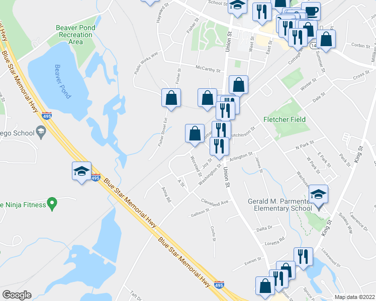 map of restaurants, bars, coffee shops, grocery stores, and more near 287 Cottage Street in Franklin