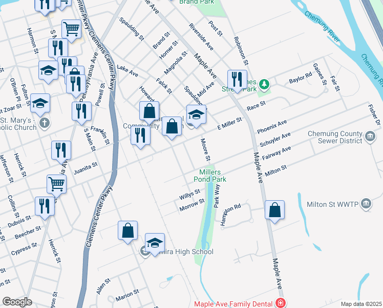 map of restaurants, bars, coffee shops, grocery stores, and more near 768 Valentine Street in Elmira