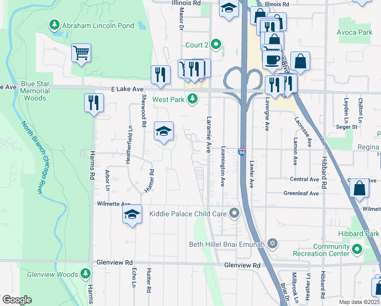 map of restaurants, bars, coffee shops, grocery stores, and more near 711 Laramie Avenue in Wilmette