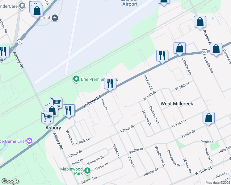 map of restaurants, bars, coffee shops, grocery stores, and more near 2626 Country Ln in Erie