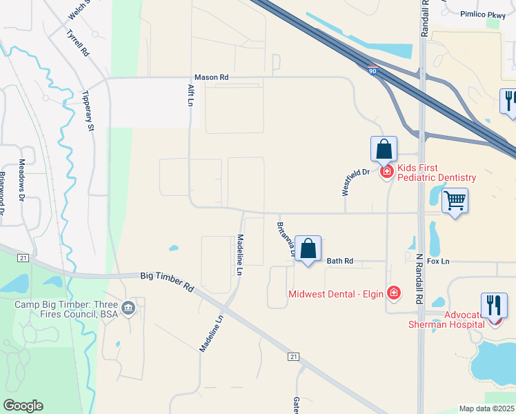map of restaurants, bars, coffee shops, grocery stores, and more near 2700 Alft Lane in Elgin