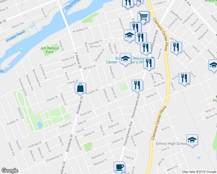 map of restaurants, bars, coffee shops, grocery stores, and more near 453 Franklin Street in Elmira
