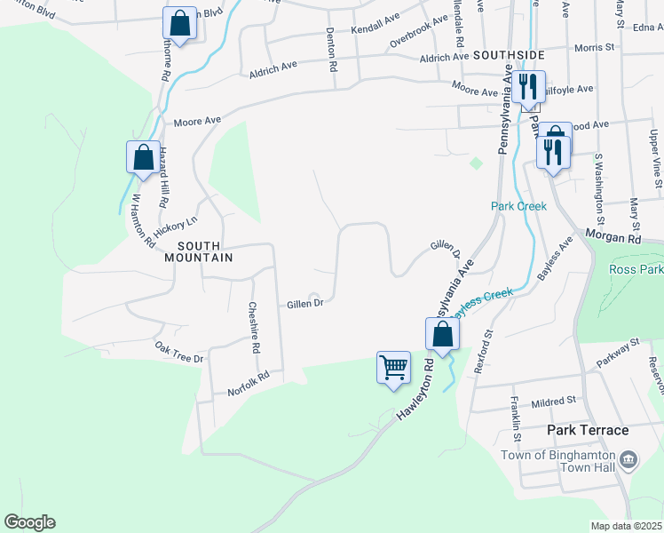 map of restaurants, bars, coffee shops, grocery stores, and more near 1 Moran Court in Binghamton