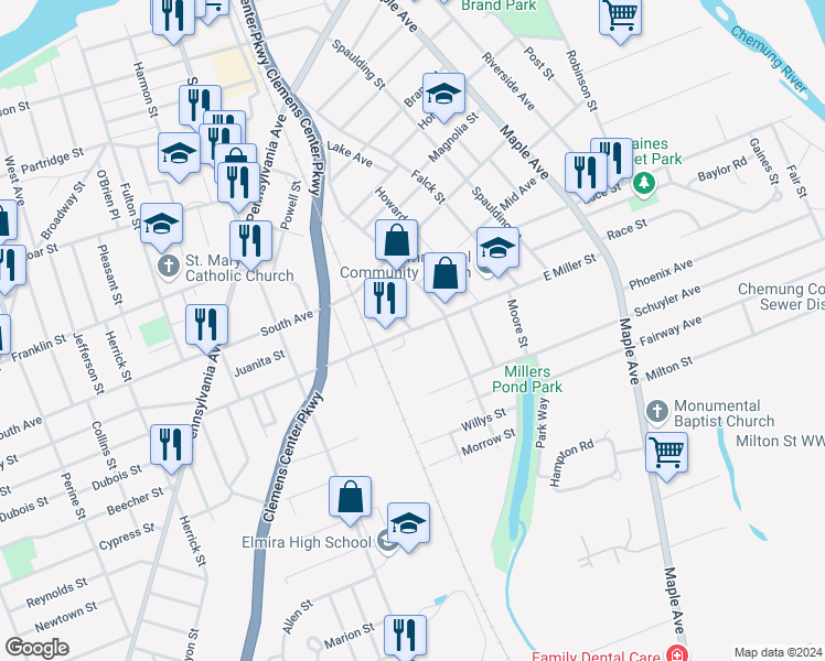 map of restaurants, bars, coffee shops, grocery stores, and more near East Miller Street & Junction Street in Elmira