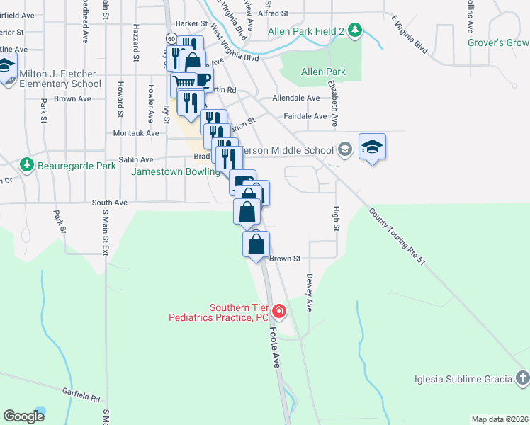 map of restaurants, bars, coffee shops, grocery stores, and more near 1778 Foote Avenue in Jamestown