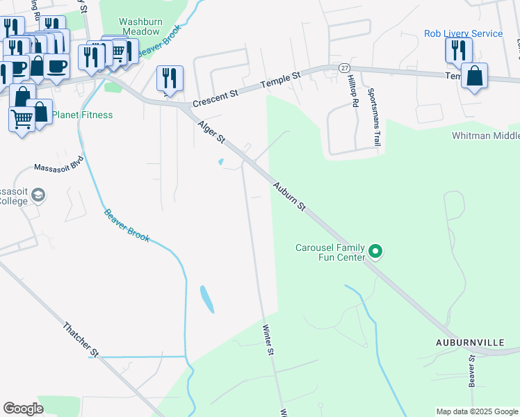 map of restaurants, bars, coffee shops, grocery stores, and more near 201 Alger Street in Brockton
