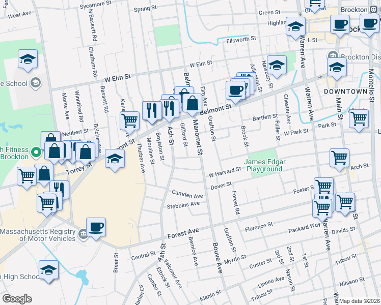 map of restaurants, bars, coffee shops, grocery stores, and more near 20 Winona Street in Brockton