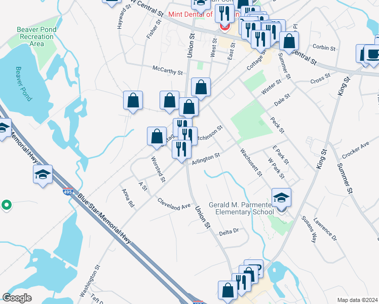 map of restaurants, bars, coffee shops, grocery stores, and more near 76 Arlington Street in Franklin