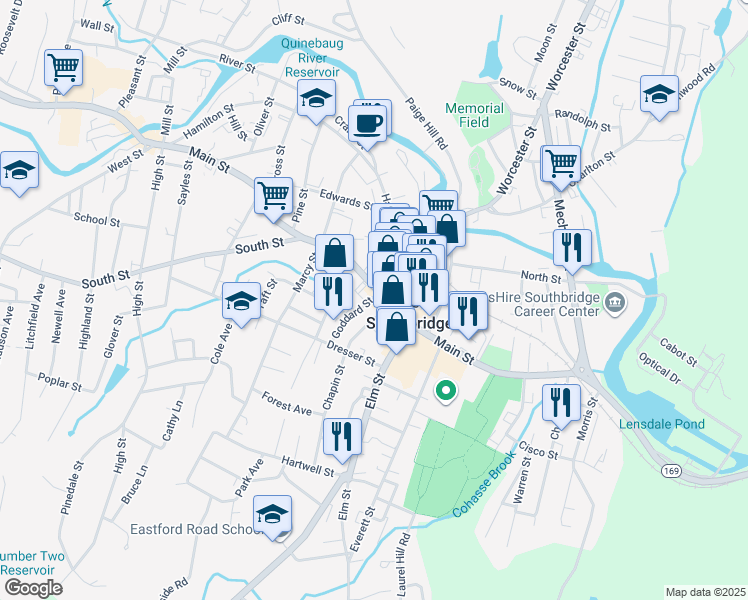 map of restaurants, bars, coffee shops, grocery stores, and more near 295 Main Street in Southbridge