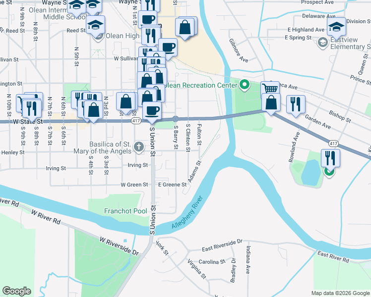 map of restaurants, bars, coffee shops, grocery stores, and more near 211 South Barry Street in Olean