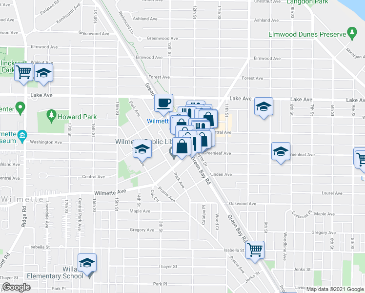 map of restaurants, bars, coffee shops, grocery stores, and more near 541 Green Bay Road in Wilmette