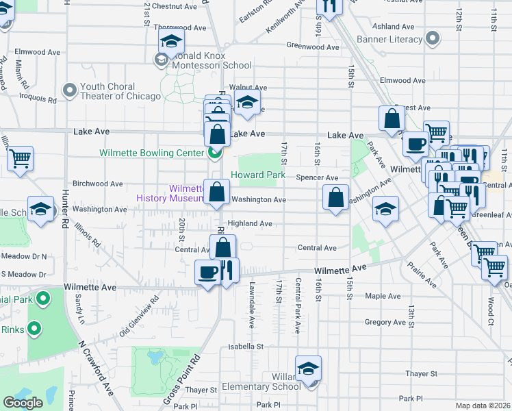 map of restaurants, bars, coffee shops, grocery stores, and more near 1724 Highland Avenue in Wilmette