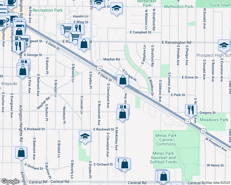 map of restaurants, bars, coffee shops, grocery stores, and more near 505 South Cleveland Avenue in Arlington Heights