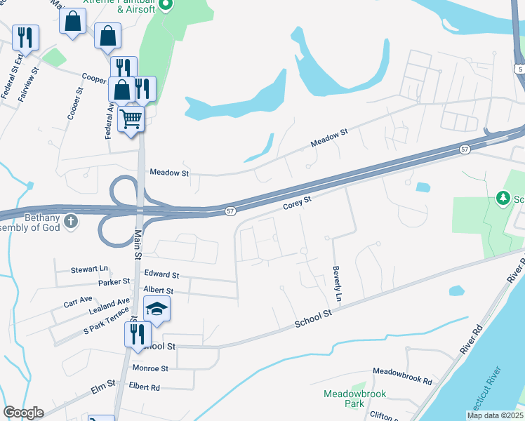 map of restaurants, bars, coffee shops, grocery stores, and more near 113 Corey Colonial in Agawam