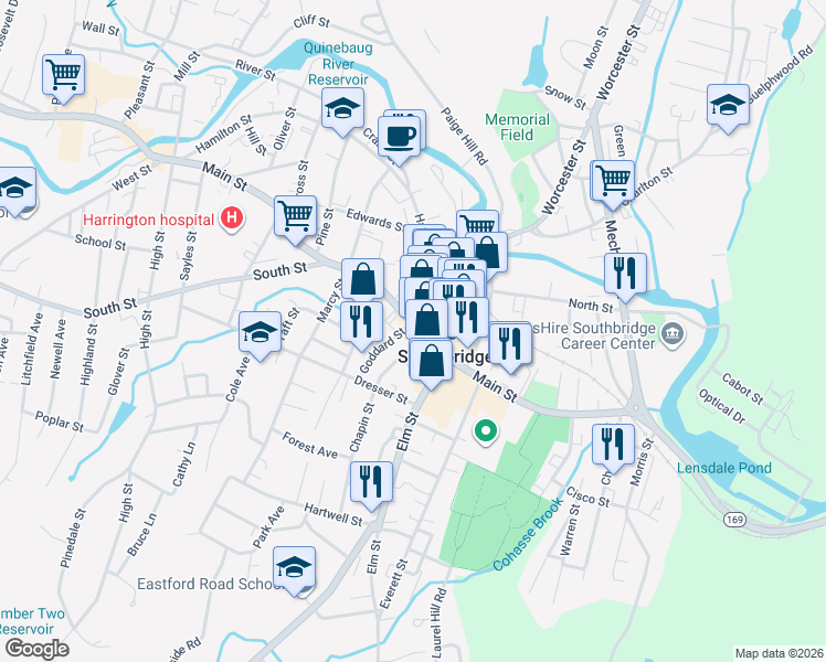 map of restaurants, bars, coffee shops, grocery stores, and more near 295 Main Street in Southbridge