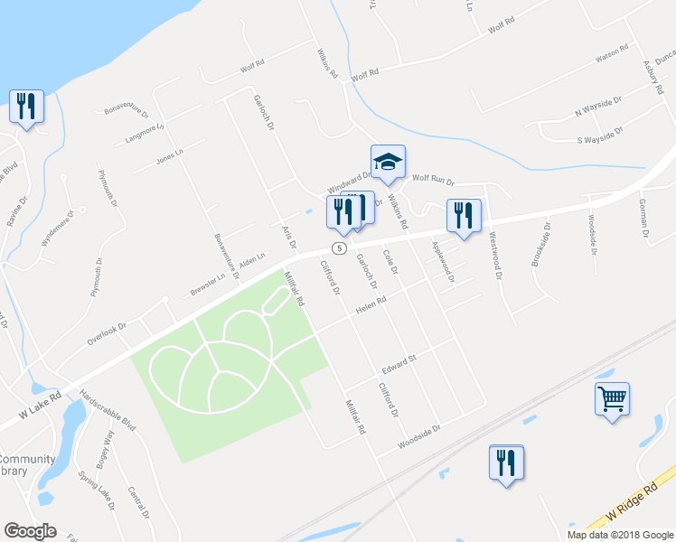 map of restaurants, bars, coffee shops, grocery stores, and more near 1601 Clifford Drive in Erie