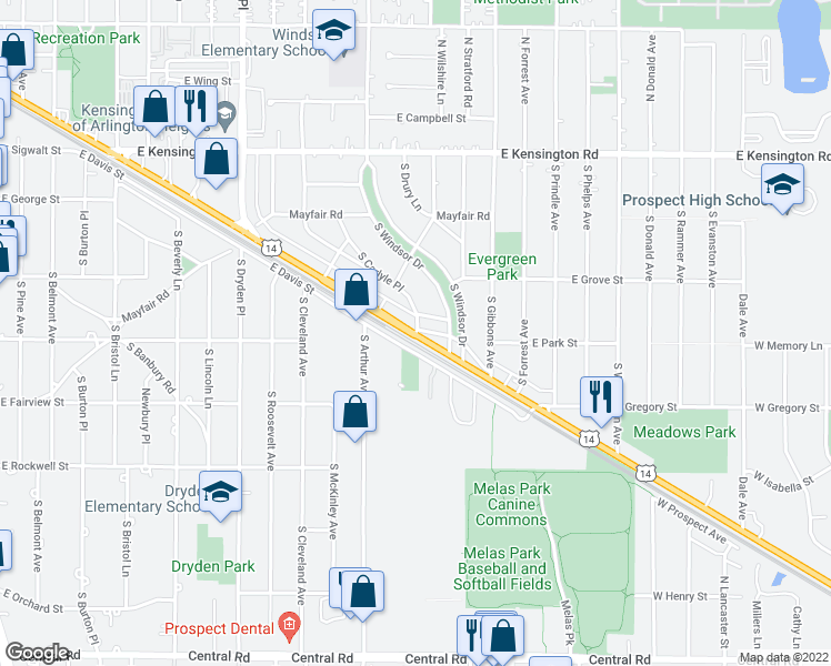 map of restaurants, bars, coffee shops, grocery stores, and more near U.S. 14 & E Northwest Hwy in Arlington Heights