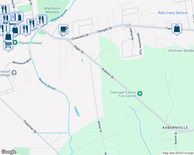 map of restaurants, bars, coffee shops, grocery stores, and more near 201 Alger Street in Brockton