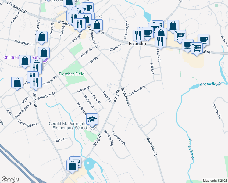 map of restaurants, bars, coffee shops, grocery stores, and more near 155 King Street in Franklin