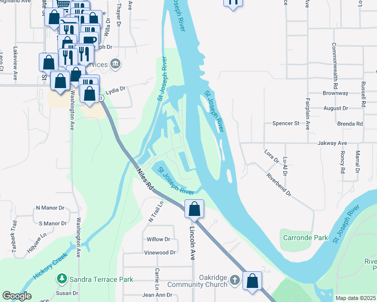 map of restaurants, bars, coffee shops, grocery stores, and more near 2279 Riverside Pointe Drive in St. Joseph