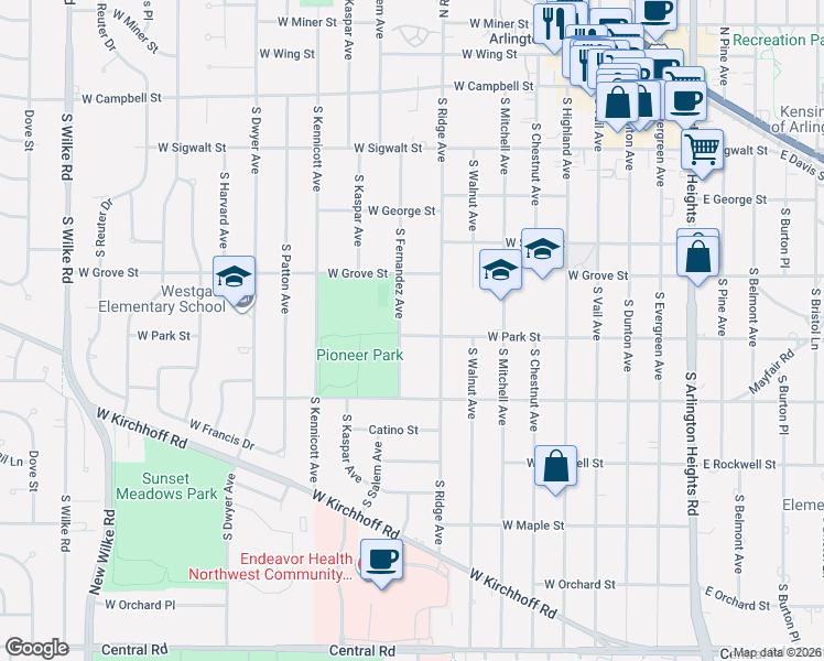 map of restaurants, bars, coffee shops, grocery stores, and more near 427 South Fernandez Avenue in Arlington Heights