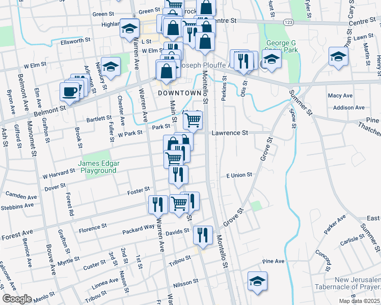 map of restaurants, bars, coffee shops, grocery stores, and more near 14 Somerset Place in Brockton