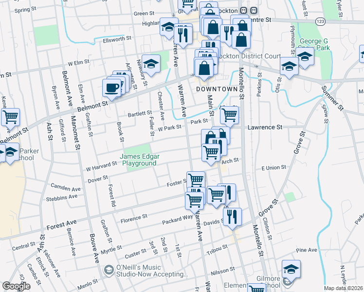 map of restaurants, bars, coffee shops, grocery stores, and more near in Brockton