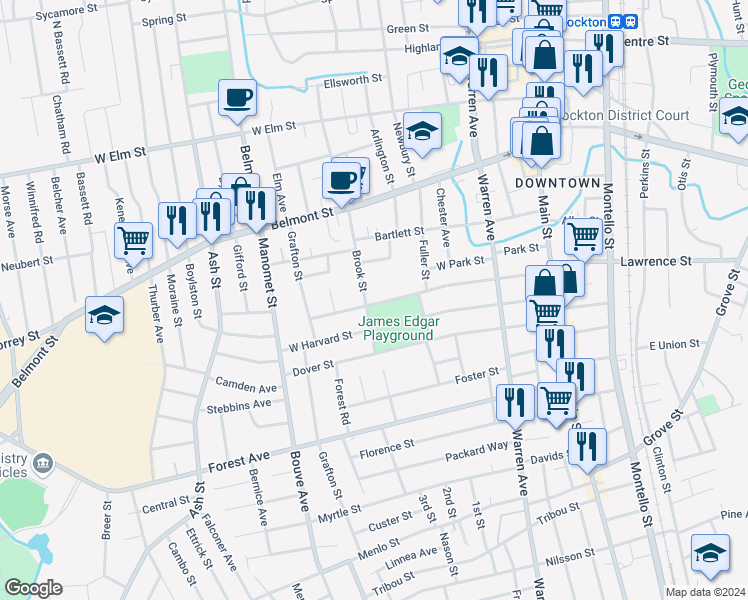 map of restaurants, bars, coffee shops, grocery stores, and more near 24 Howard Square in Brockton