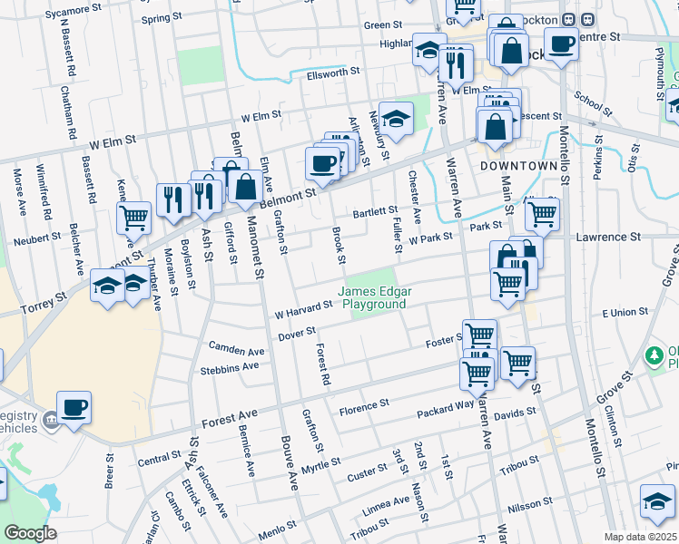 map of restaurants, bars, coffee shops, grocery stores, and more near 65 Brook Street in Brockton