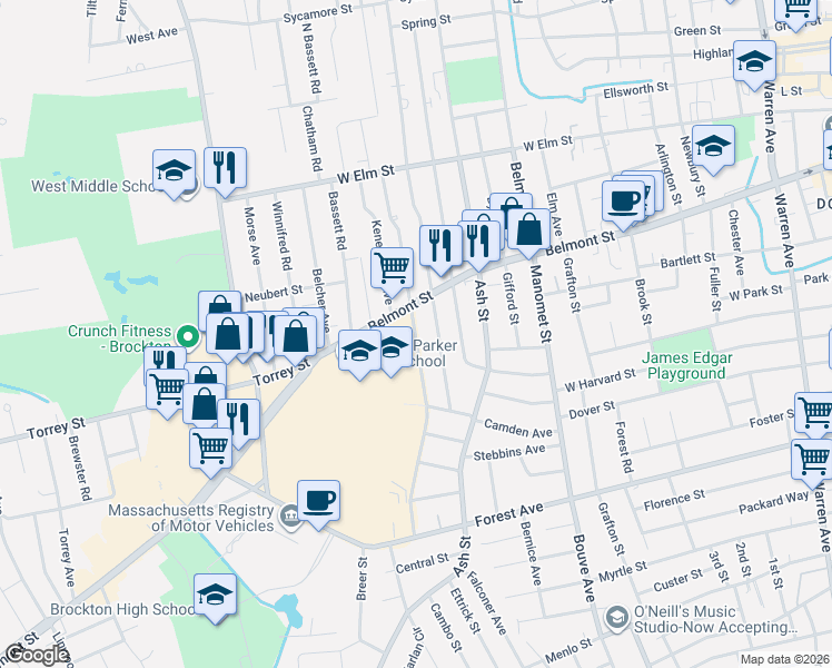 map of restaurants, bars, coffee shops, grocery stores, and more near 203 Thurber Avenue in Brockton