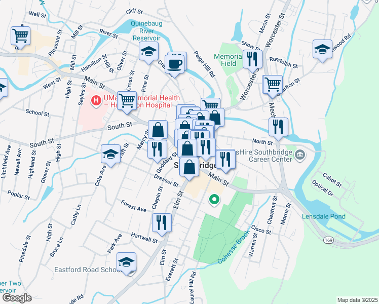 map of restaurants, bars, coffee shops, grocery stores, and more near 20 Hamilton Street in Southbridge